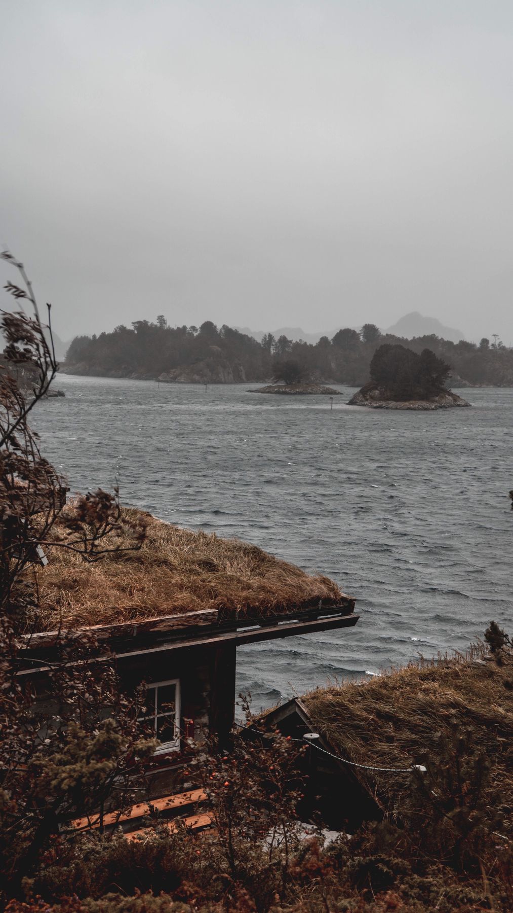 Grass roof against grey water